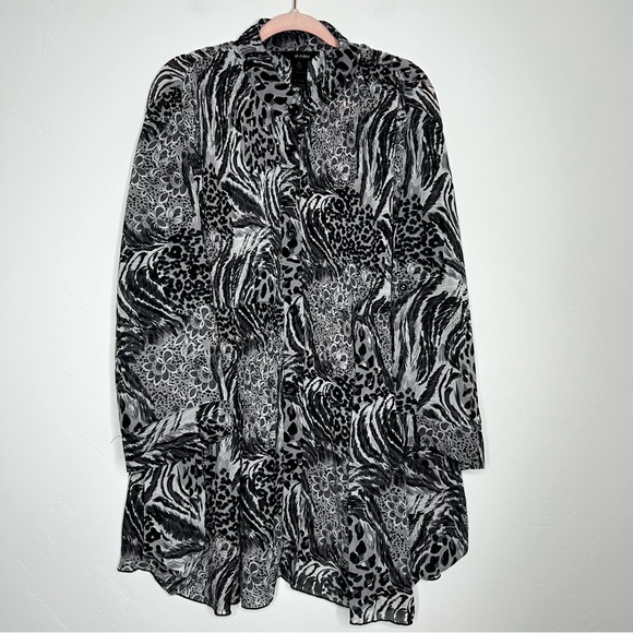 Ali Miles Black and Grey Animal Floral Print Blouse Semi Sheer Lagenlook 2X - Picture 1 of 14